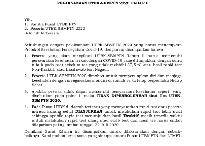 TENTANG PERSYARATAN KESEHATAN DALAM PELAKSANAAN UTBK-SBMPTN 2020 TAHAP II