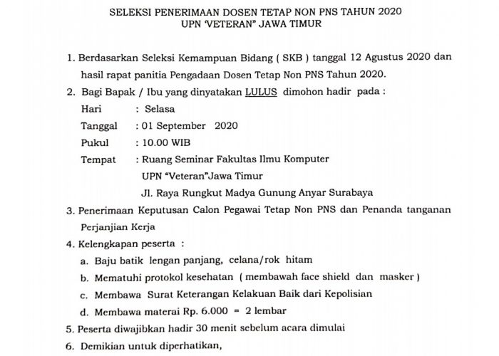 Pengumuman Penerimaan Calon Pegawai Tetap Non PNS 2020