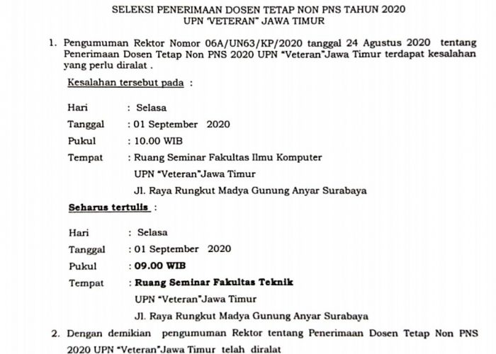 (Ralat) Pengumuman Seleksi Penerimaan Dosen Tetap Non PNS 2020