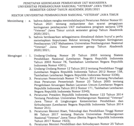 Penetapan Keringanan Pembayaran UKT Mahasiswa UPN ” Veteran” Jawa Timur Semester Genap TA. 2020/2021