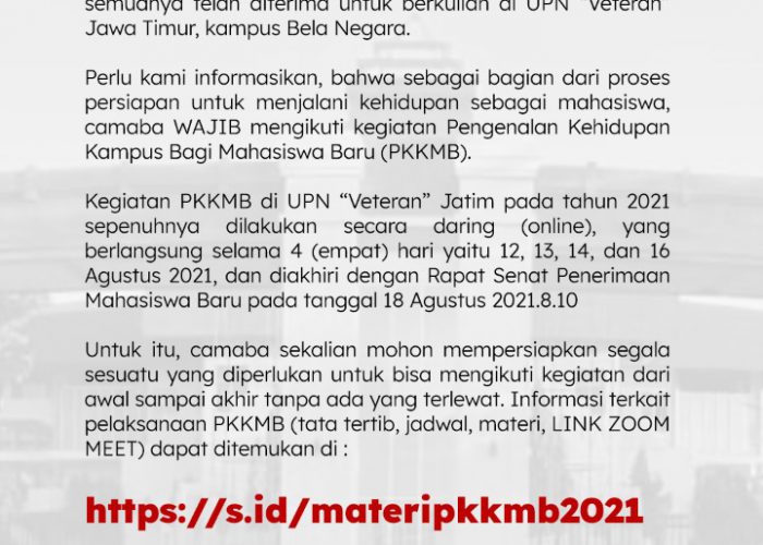 Pengumuman untuk seluruh Mahasiswa Baru TA. 2021/2022